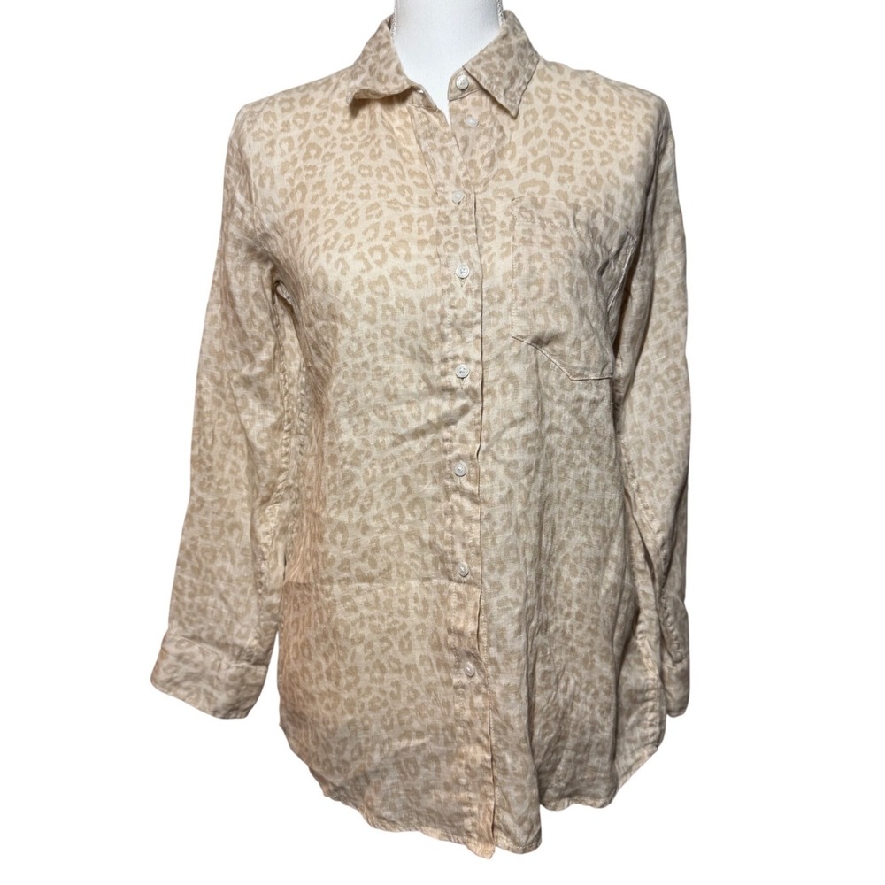 GAP Linen Button Down Leopard Print Shirt XS Petite Tan Long Sleeve 100% Linen